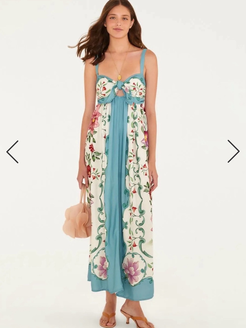 FARM Rio Teal and Cream Floral Tie-Front Maxi Dress
